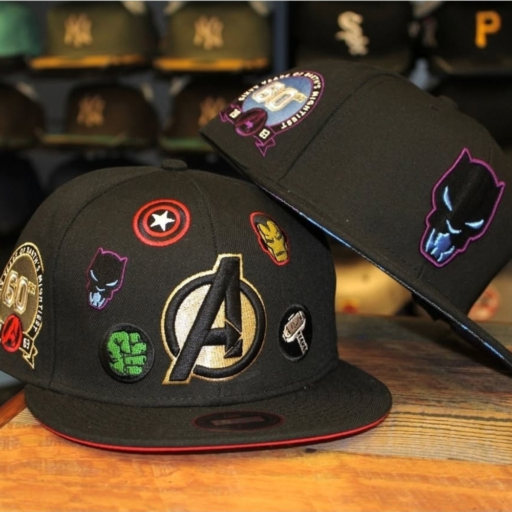 Marvel Avengers 60th Anniversary Black Snapback Hat Lids Exclusive All Over Patc